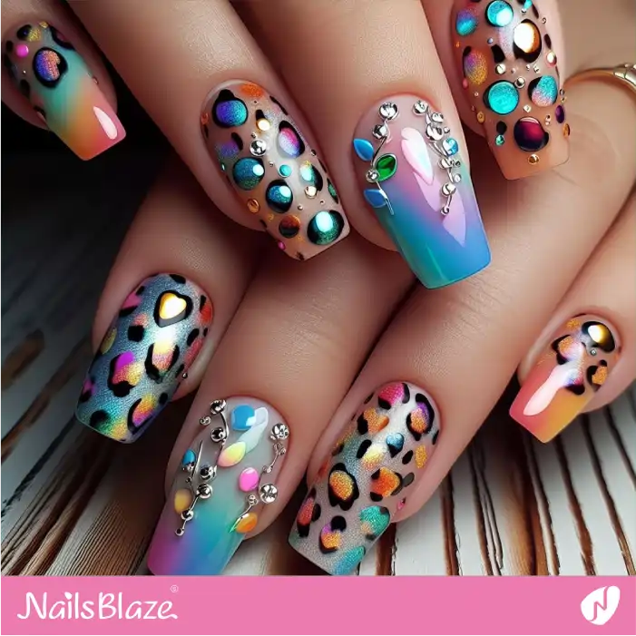 Embellished Neon Leopard Nails | Animal Print Nails - NB2561